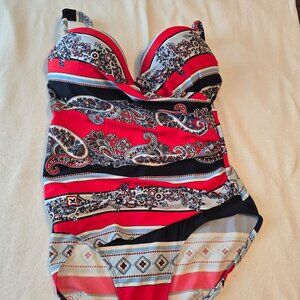 Liz Claiborne One Piece Paisley Red White Blue Suit Size 16 NEW! NWOT!